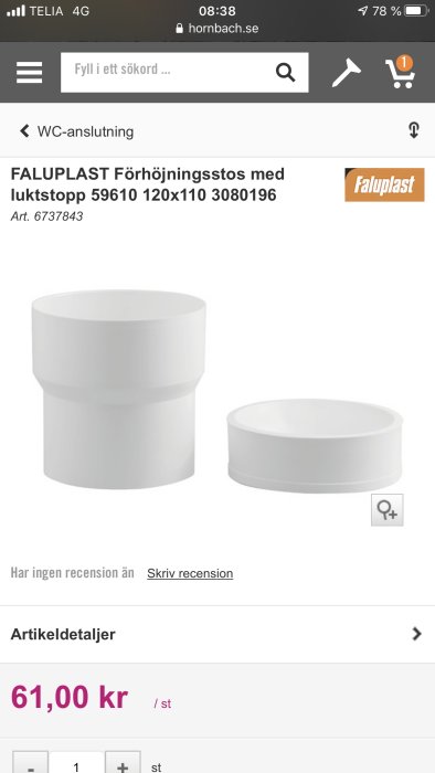 Produktbild på en vit Faluplast förhöjningsstos med lukstopp för WC-anslutning på en webbshop.