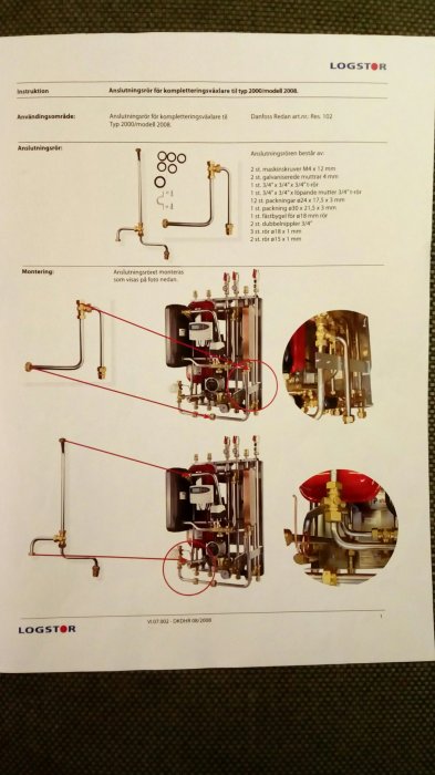 Manualsida med instruktioner och bilder på fjärrvärmereglering med rör och komponenter för Danfoss/Redan central.