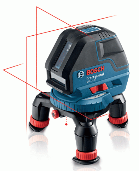 Bosch GLL 3-50 professionell linjelaser på stativ projicerar röda laselinjer.