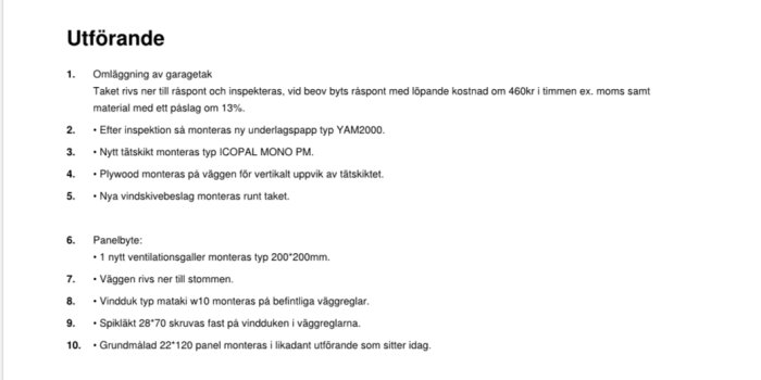 Dokument med instruktioner för ombyggnad av garage- och halltak, innehåller punktlista för arbetsutförandet.