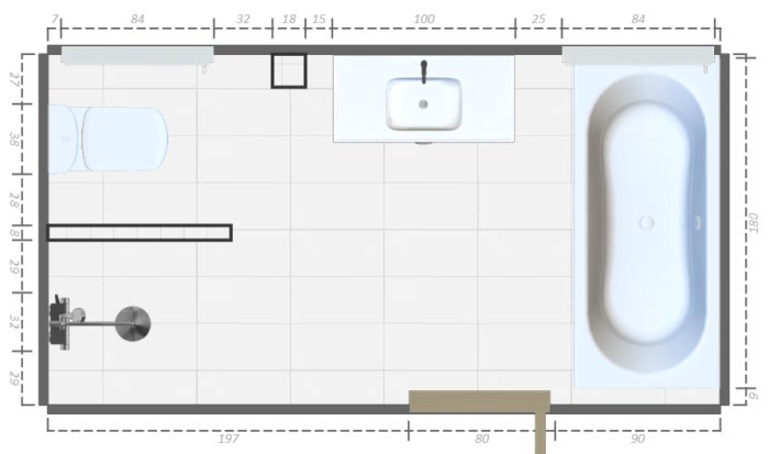 Plantekning av et bad med toalett, vask, dusj og badekar, inkludert målinger for dørjustering.