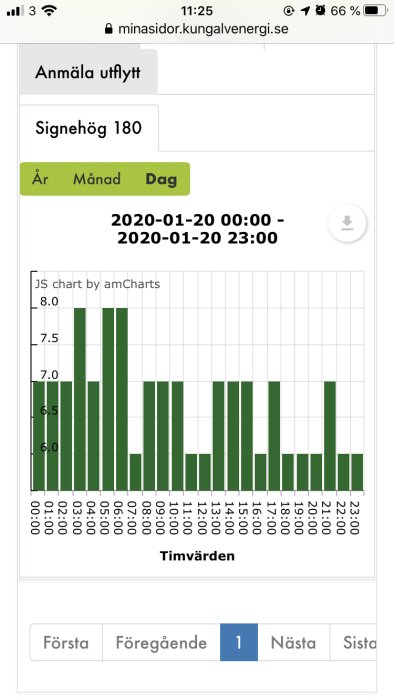 Stolpdiagram visar timbaserad elförbrukning med oregelbundna toppar, taget från en energileverantörs hemsida.