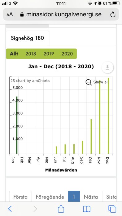 Stapeldiagram över elanvändning med stora ökningar i november och december på en webbsida för energiförbrukning.