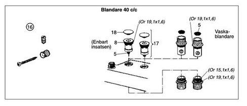 Illustration av en Vaska-blandare 40 cc för FMM 5000-serien med måttangivelser och delar numrerade.