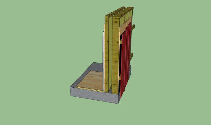 3D-skiss av en väggkonstruktion för inspelningsstudio med gips, OSB, isolering och ytterpanel.