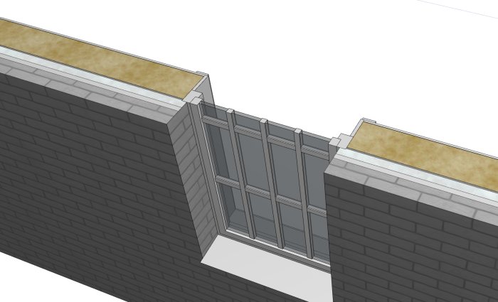 3D-modell av ett väggsnitt med tegel och inre foder runt ett fönster.