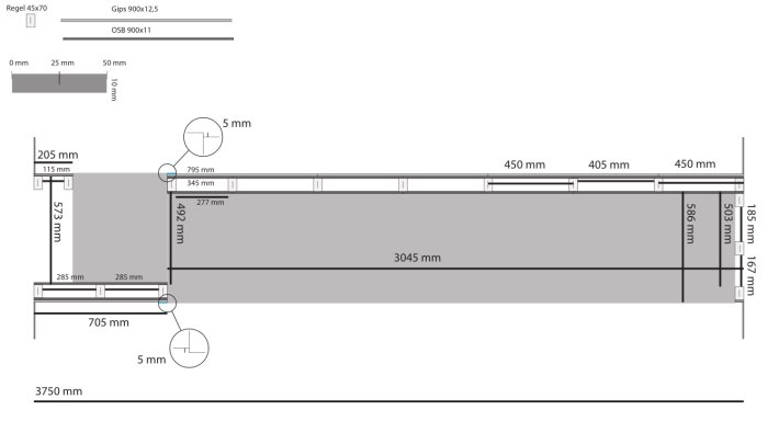 CAD-ritning av en planerad innervägg med dimensioner och placering för IKEA PAX garderober inritade.