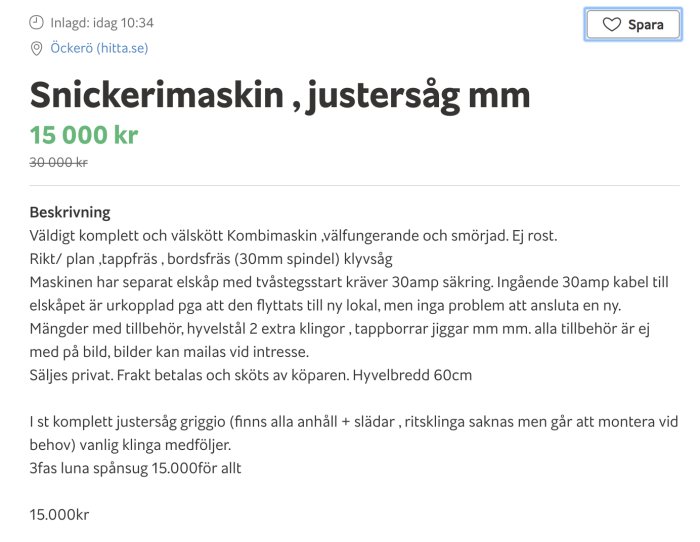 Skärmdump av ett foruminlägg om försäljning av en kombimaskin för snickeri, prissänkt till 15 000 SEK.