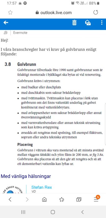 Skärmdump av ett e-postmeddelande med riktlinjer för installation av golvbrunn från "Säker Vatten".