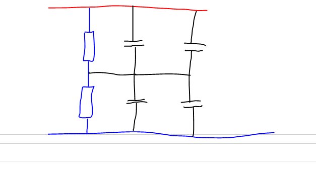 Handritad schematisk bild av seriekopplade komponenter med två resistanser och parallellkopplingar.