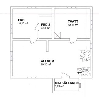 Ritning av nuvarande planlösning med betecknade rum som FRD, FRD 2, TVÄTT, ALLRUM och MATKÄLLAREN.