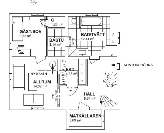 Planritning av en nuvarande planlösning med rum som gäst/sov, bastu, bad/tvätt, allrum, frd och matkällaren.