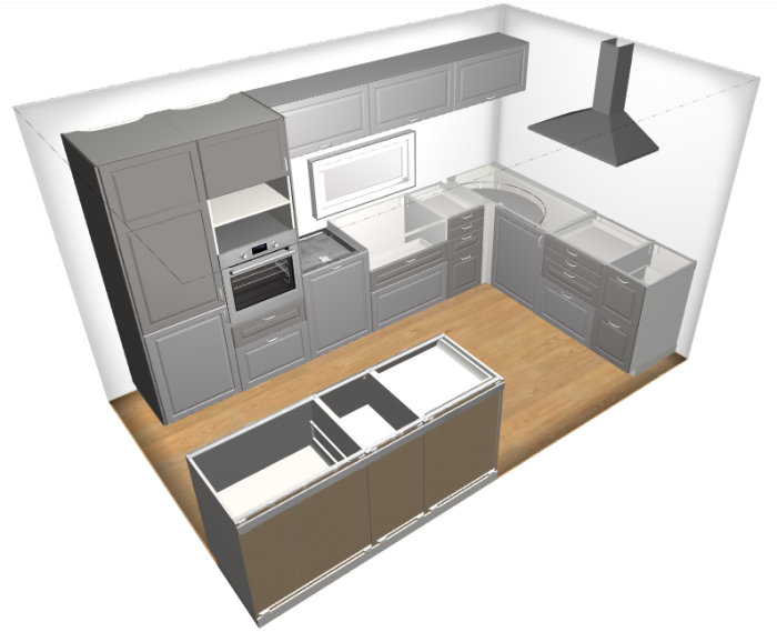 3D-rendering av en kökslayout med inbyggda skåp, apparater och en central köksö planerad för en stuga.