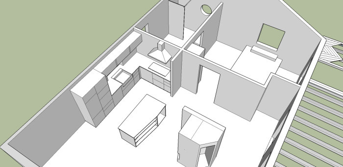 3D-skiss av kökslayout med ö och inbyggda skåp i en stuga, arbetsytor och fönster ingår.