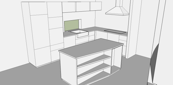 3D-skiss av ett kökslayout med köksö, inbyggd spis och öppna hyllor, designad för en stuga.