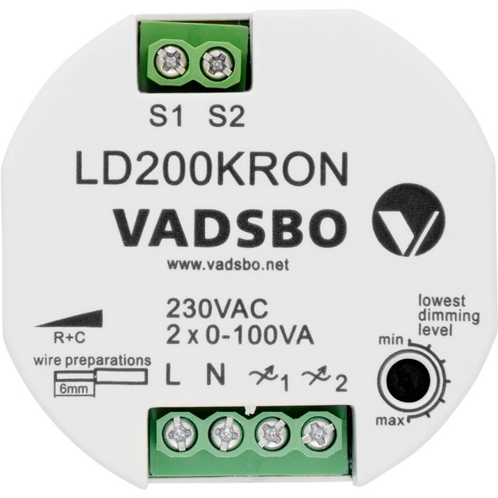 Dimmermodul LD200KRON för installation av dimbara lampor med inställningsbar minsta dimningsnivå.