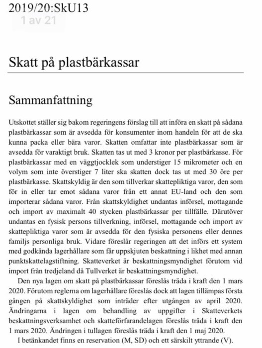 Dokument med titeln "Skatt på plastbärkassar" som beskriver förslaget om skatt på plastpåsar i Sverige.