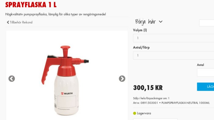 Würth högkvalitativ pumprayflaska på 1 liter för rengöringsmedel, vit med röda detaljer.