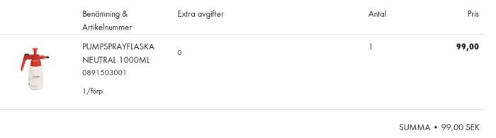 Kvitto på Würth pumpflaska för 99 SEK, neutral 1000ml, artikelnummer 08915030001.