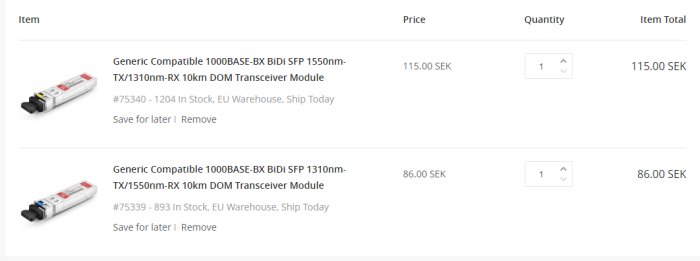 En tabell med två SFP-transceivermoduler för simplex-fiber med olika TX/RX våglängder och priser.