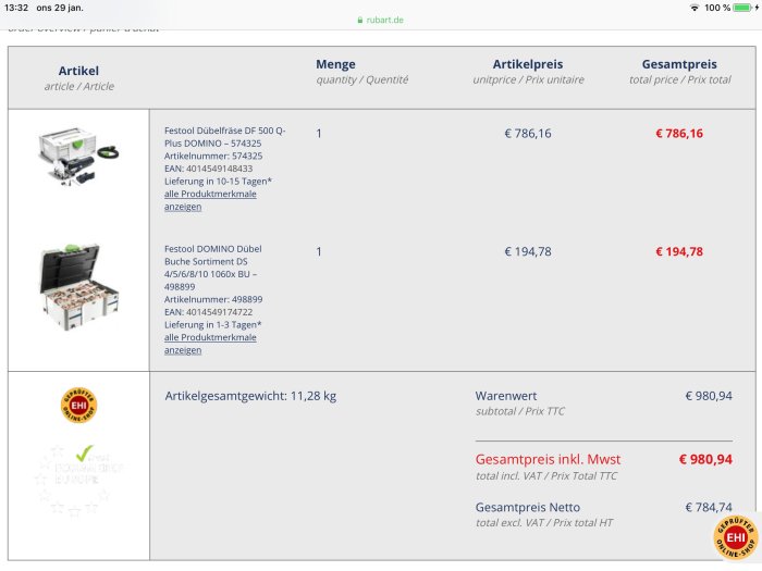 Skärmdump av en online-shoppingkassa med byggverktyg och totalpriser i euro.