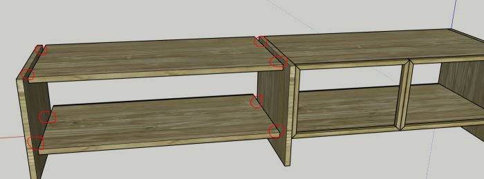 3D-modell av en tv-möbel i fyra sektioner, markerade kopplingspunkter för ihopsättning.