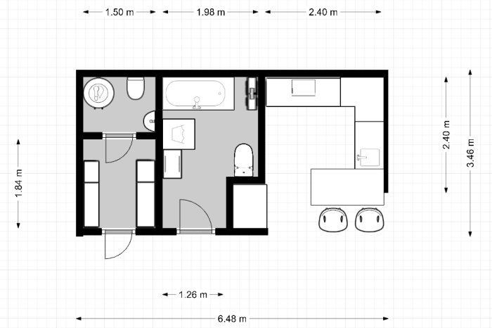 2D-planritning av ett badrum med mått, inkluderande toalett, dusch, badkar och handdukstork.