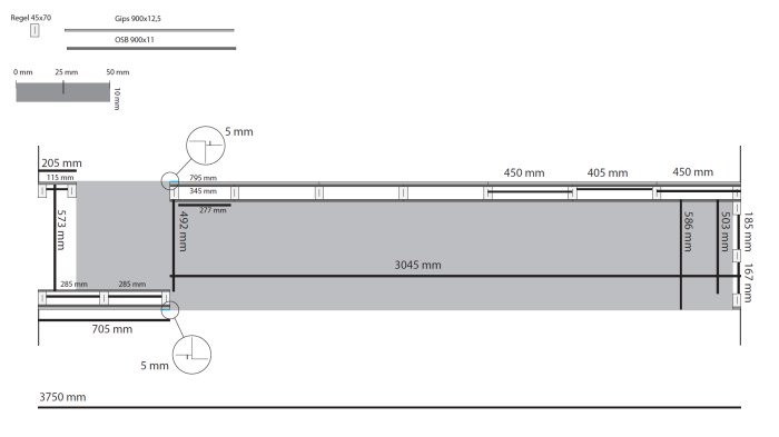 CAD-ritning av en planerad innervägg med måttmarkerade sektioner för integrering av IKEA PAX garderober.