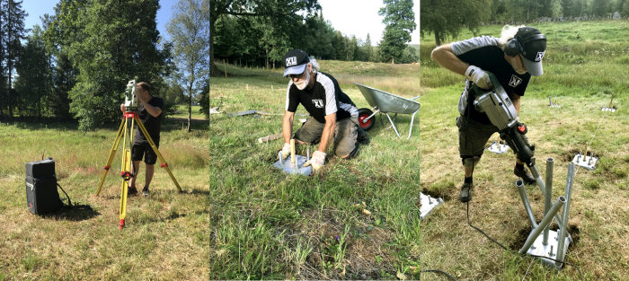 Arbete med grundläggning: anläggning av finutsättning med teodolit, montering av Surefoot-fixturer och mikropålning med bilningshammare.