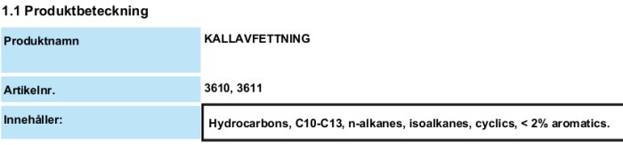 Bild av ett datablad för produkten KALLAVFETTNING med artikelnummer och innehållsbeskrivning av hydrokarboner.