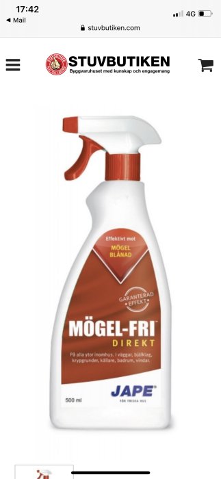 Flaska med mögelbekämpningsmedel Mögel-Fri Direkt, 500 ml, för användning inomhus.