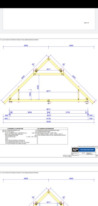 Ritning av en takstol där total längd på golvregel anges som "8071" med mått och vinklar specificerade.