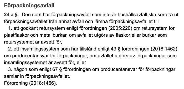 Skärmdump av lagtext om förpackningsavfall från miljöbalken som beskriver hantering och återvinning.