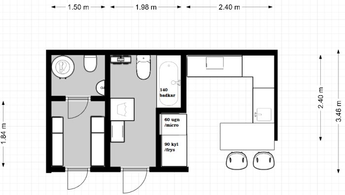 Ritning av en lägenhetsplan med mått som visar kök och badrum.