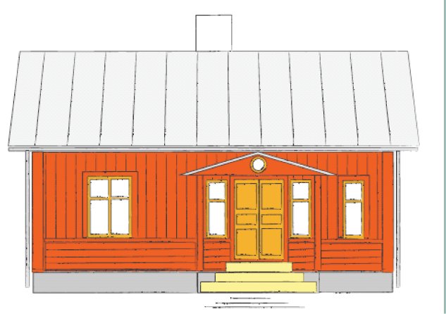 Arkitektonisk illustration av framsidan på ett orange trähus med gult dörrparti och symmetriska fönster.