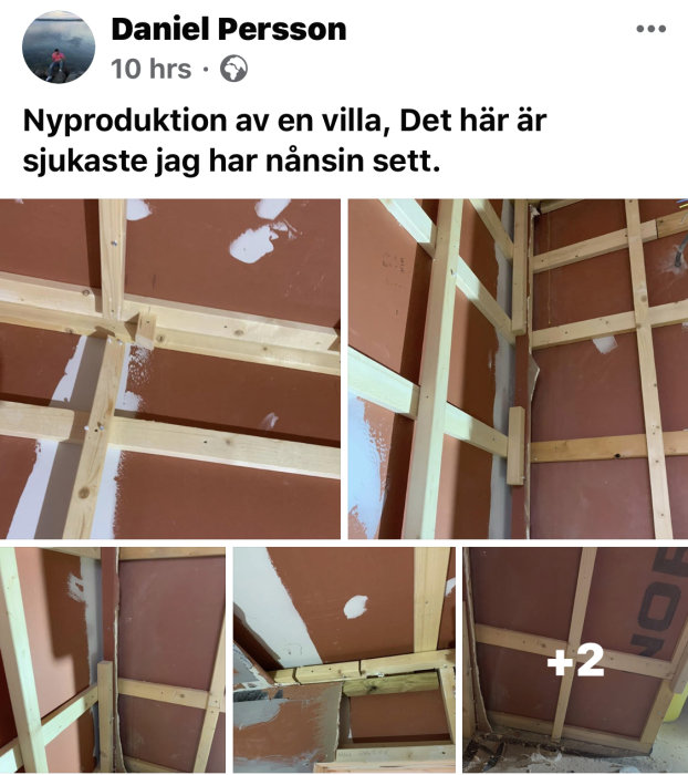 Flera bilder av en inre vägg under konstruktion i en villa med synliga träreglar och brun isolering.