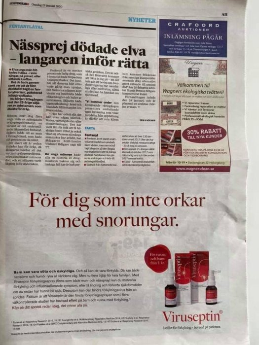 Tidningsuppslag med rubriken "Nässprej dödade elva långaren inför rätta" över en annons för förkylningsbehandling.