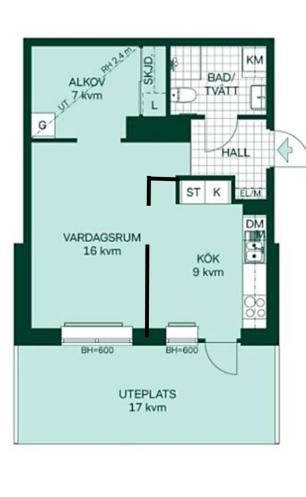 Ritning av en lägenhets planlösning med vardagsrum, kök, badrum, hall och alkov.