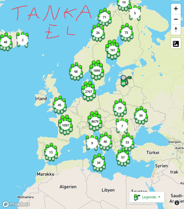 Karta som visar fördelningen av elbilsladdstationer i Europa med numrerade markörer och texten "TANKA EL".