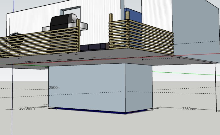 3D-modell av ett rum med mått för planerad balk i källarutrymme, inklusive längd- och höjdmått.