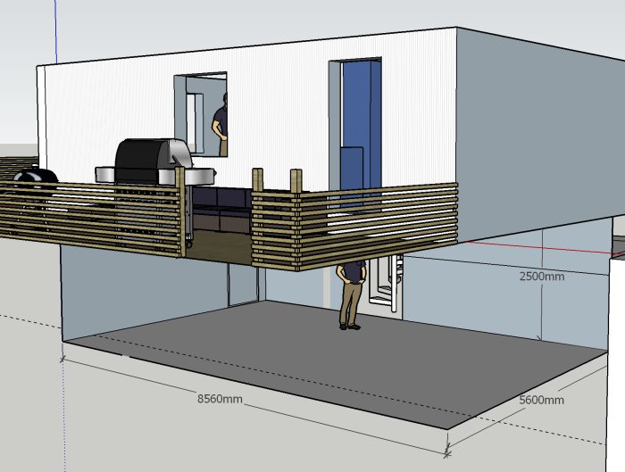 3D-modell av ett hus där en man betraktar en 9 meter lång balk i en utgrävd källare, med dimensioner markerade.