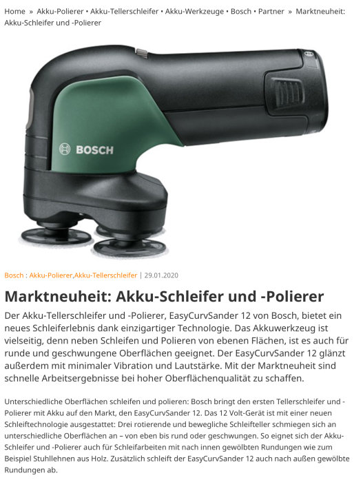 Grön och svart Bosch slip- och polermaskin, EasyCurvSander 12, utan synliga slippapper.