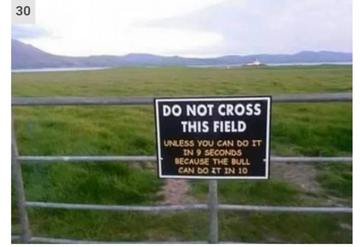 Skylt med varningstext "DO NOT CROSS THIS FIELD UNLESS YOU CAN DO IT IN 9 SECONDS BECAUSE THE BULL CAN DO IT IN 10" i ett landskap.