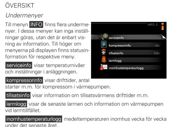 Skärmdump av en meny för värmepumpsystem med alternativ såsom serviceinfo, kompressorinfo, tillståndsinfo, larmlogg och inomhustemperaturlogg.