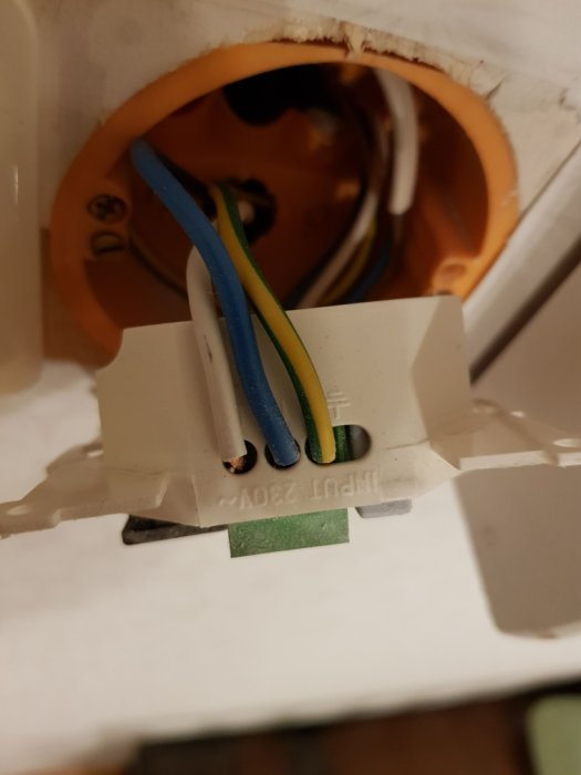 En äldre elinstallation med exponerade kablar i en dosa, inklusive blå, brun och gul/grön ledning.