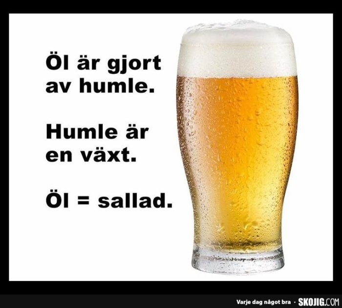 Ett glas öl med texten "Öl är gjort av humle. Humle är en växt. Öl = sallad.