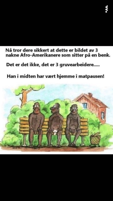 Illustration av tre gruvarbetare som sitter på en bänk, en av dem renare än de andra.