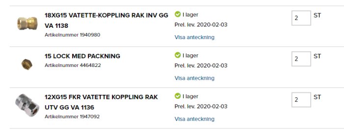 Produktlista med bilder av två raka vattenrörskopplingar och ett lock med packning.