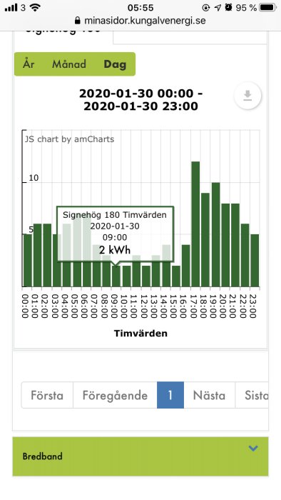 Skärmdump av energiförbrukningsdiagram för 2020-01-30 med tidsstämplar och kWh-värden.