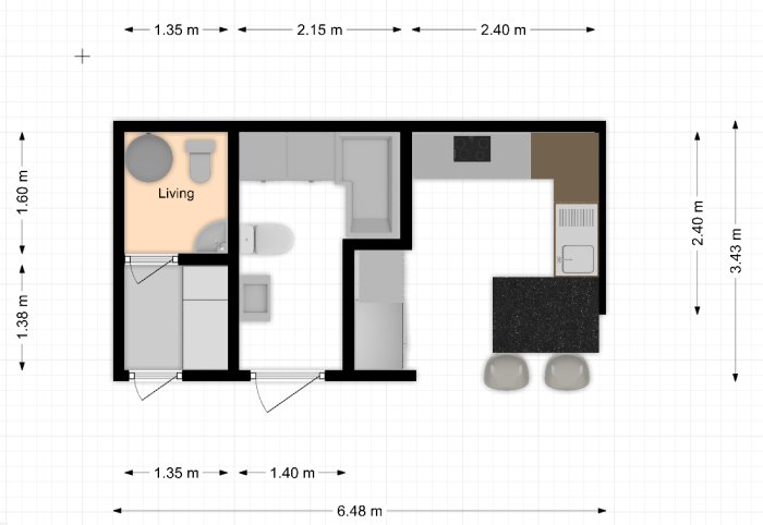 Planritning som visar ändring i bostad med nya mått för badrum och toalett, inklusive måttangivelser.